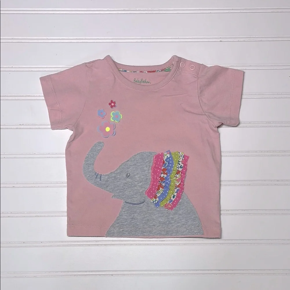 BABY BODEN VGUC Elephant Ruffle Embroidered Appliqué Short Sleeve Shirt - Picture 1 of 1